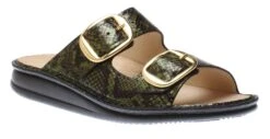Finn Comfort Lipari Green Snakeskin Patent Gold Buckle Slide Sandal